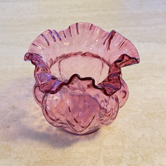 Vintage Fenton Cranberry Diamond Optic Ruffled Melon Rose Bowl Vase - Picture 5 of 8